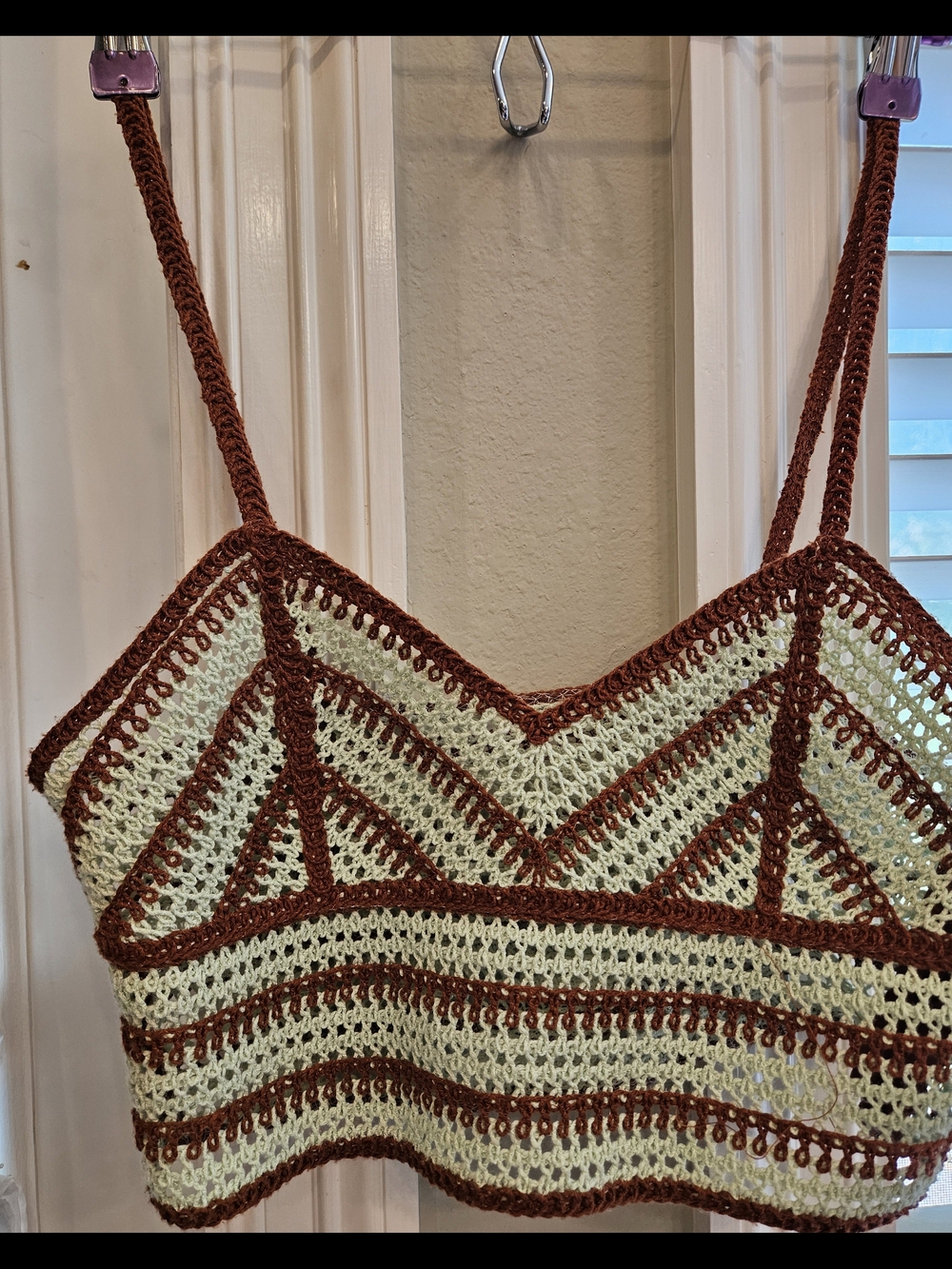 Crochet Striped Top Green & Rust
